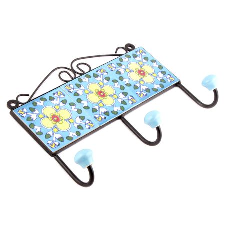 Turquoise And White Tiny Flower Tiles Hooks
